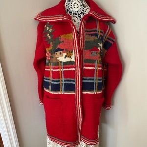 Jacket Sweater Winter Handstitched Landscape Pattern Red Comfy